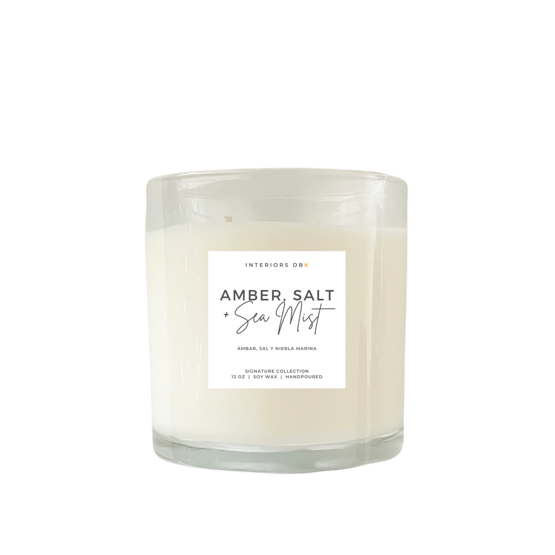 Large Amber, Salt & Sea Mist Soy Candle from our Signature Collection. Luxurious, handcrafted, non-toxic, vegan, and phthalate-free, with coastal and earthy scent notes.