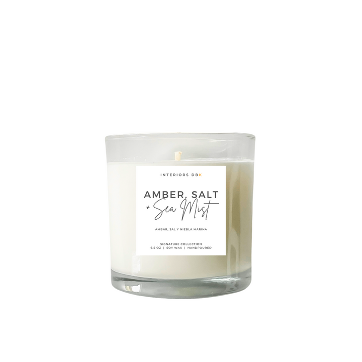 Small Amber, Salt & Sea Mist Soy Candle from our Signature Collection. Handcrafted, non-toxic, vegan, and phthalate-free, with coastal and earthy scent notes.