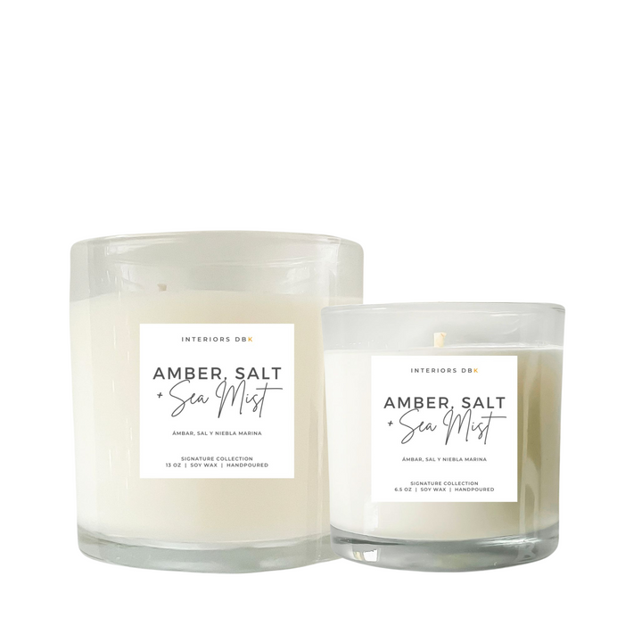 Amber, Salt & Sea Mist Soy Candle Set from our Signature Collection, featuring both large and small sizes. Handcrafted, non-toxic, vegan, and phthalate-free, with coastal and earthy scent notes.