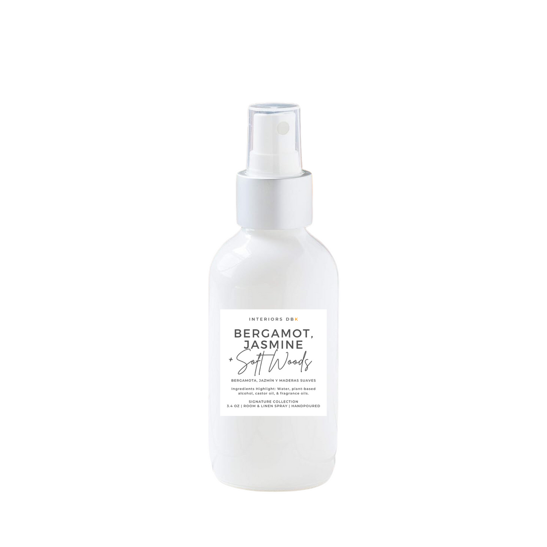 Luxury hotel-inspired room and linen spray with fresh citrus, floral, and soft woods.