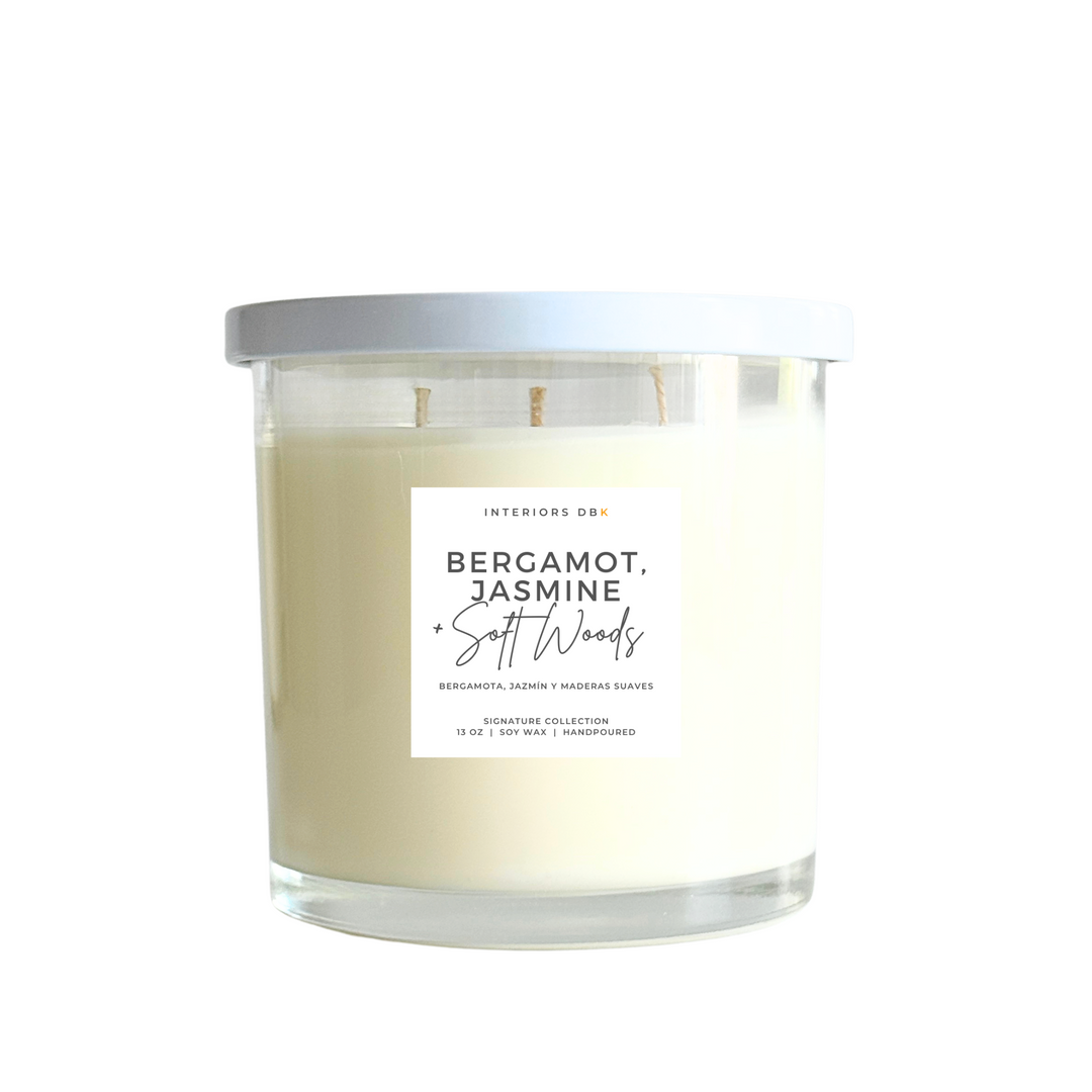 Eco-friendly non-toxic soy candle, vegan-friendly, fresh floral woody scent.