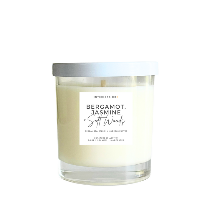 Luxury soy candle with citrus, jasmine, and soft wood notes from the Signature Collection, single wick