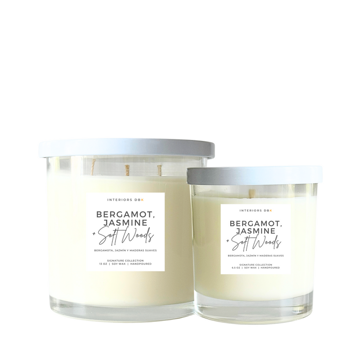 Bergamot, Jasmin & Soft Woods soy candle in reusable glass container, hotel-inspired fragrance