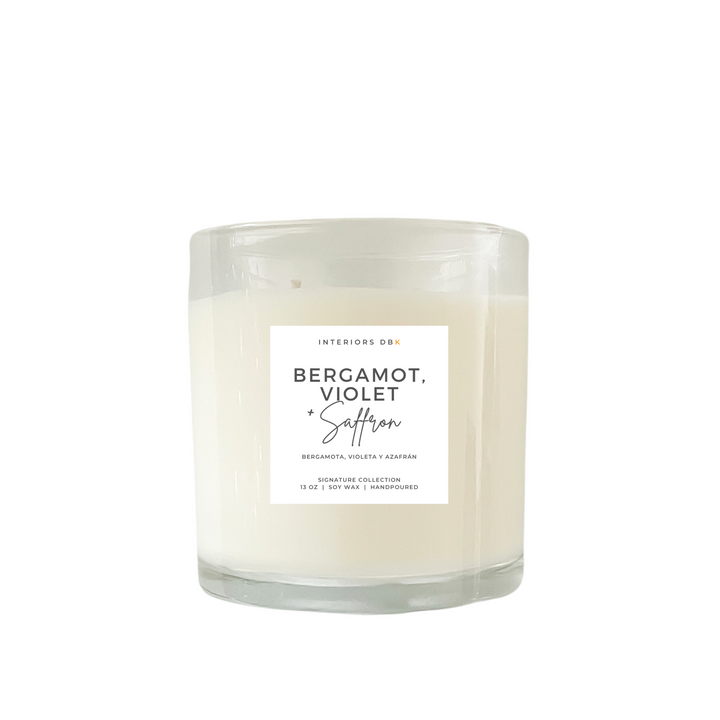 Large Bergamot, Violet + Saffron Soy Candle from our Signature Collection. Luxurious, handcrafted, non-toxic, vegan, and phthalate-free, with floral and spicy scent notes.