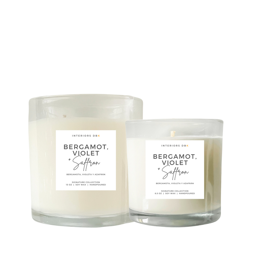 Bergamot, Violet + Saffron Soy Candle Set from our Signature Collection, featuring both large and small sizes. Handcrafted, non-toxic, vegan, and phthalate-free, with floral and spicy scent notes