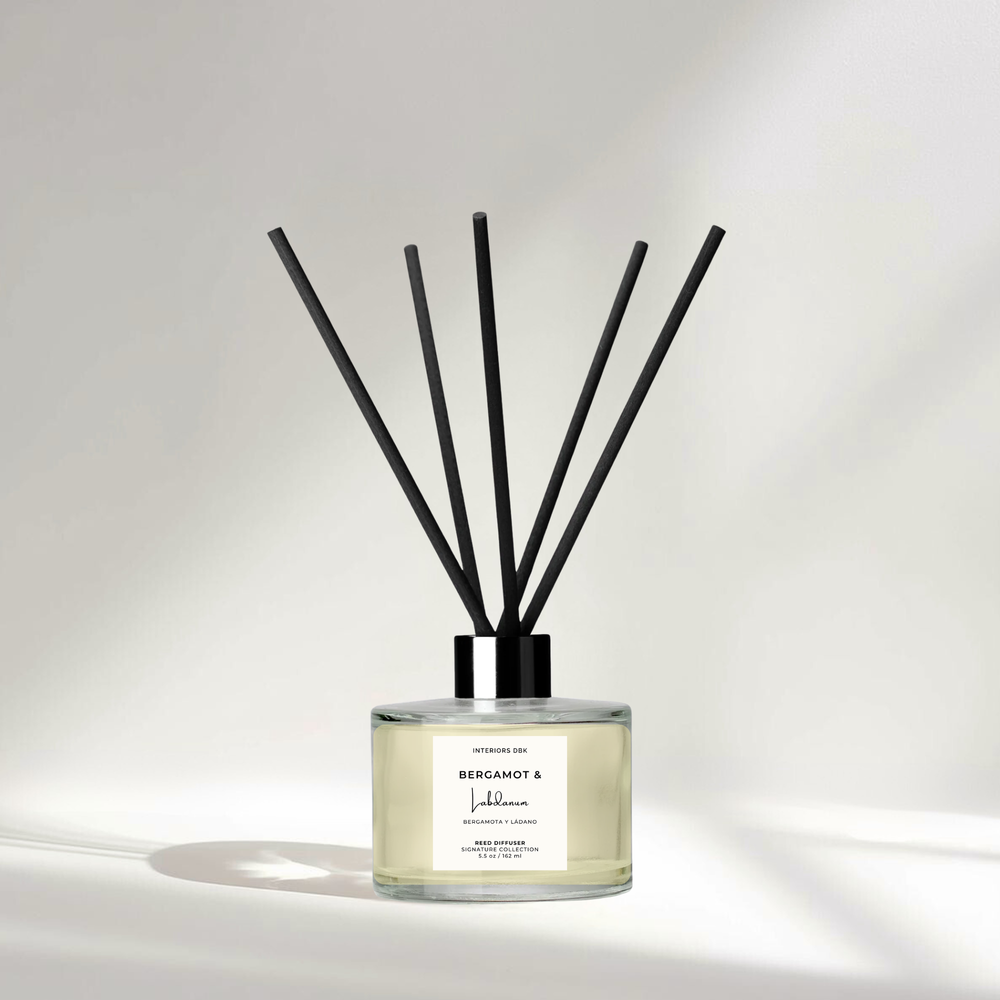 Bergamot and Labdanum reed diffuser 5.5 oz with black fiber reeds, luxury non toxic flameless home fragrance by Interiors DBK