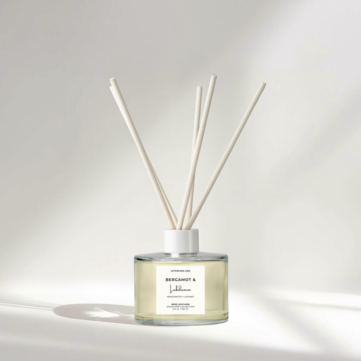 Bergamot and Labdanum reed diffuser 5.5 oz with white fiber reeds, luxury non toxic flameless home fragrance by Interiors DBK