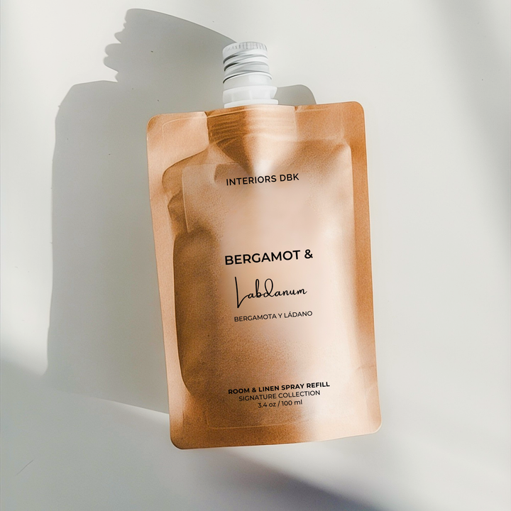 Bergamot &amp; Labdanum room and linen spray refill by Interiors DBK, aromatic citrus and resin home fragrance.