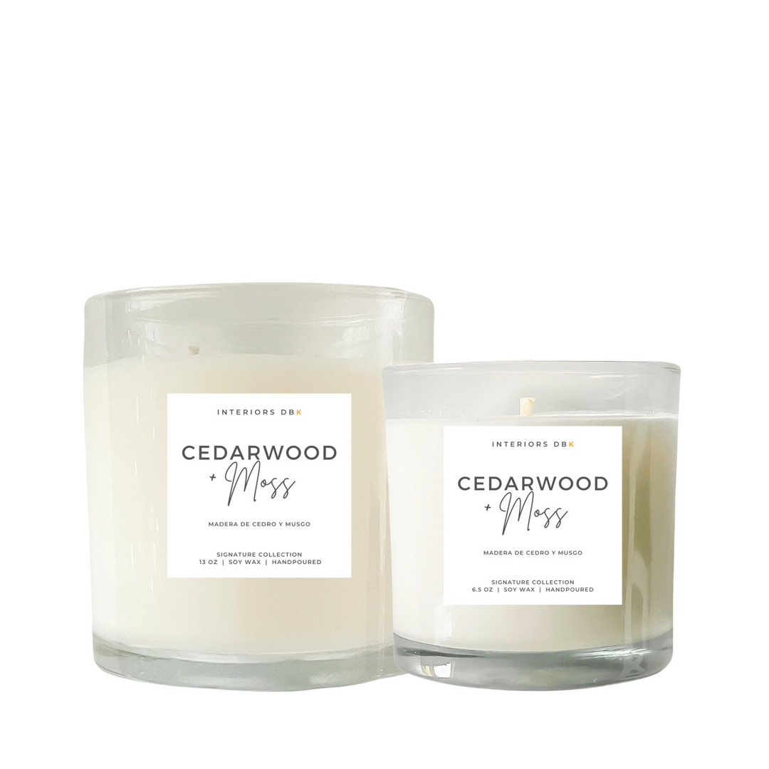 Cedarwood and Moss Soy Candle Set from our Signature Collection, featuring both large and small sizes. Handcrafted, non-toxic, vegan, and phthalate-free, with earthy and woody scent notes.