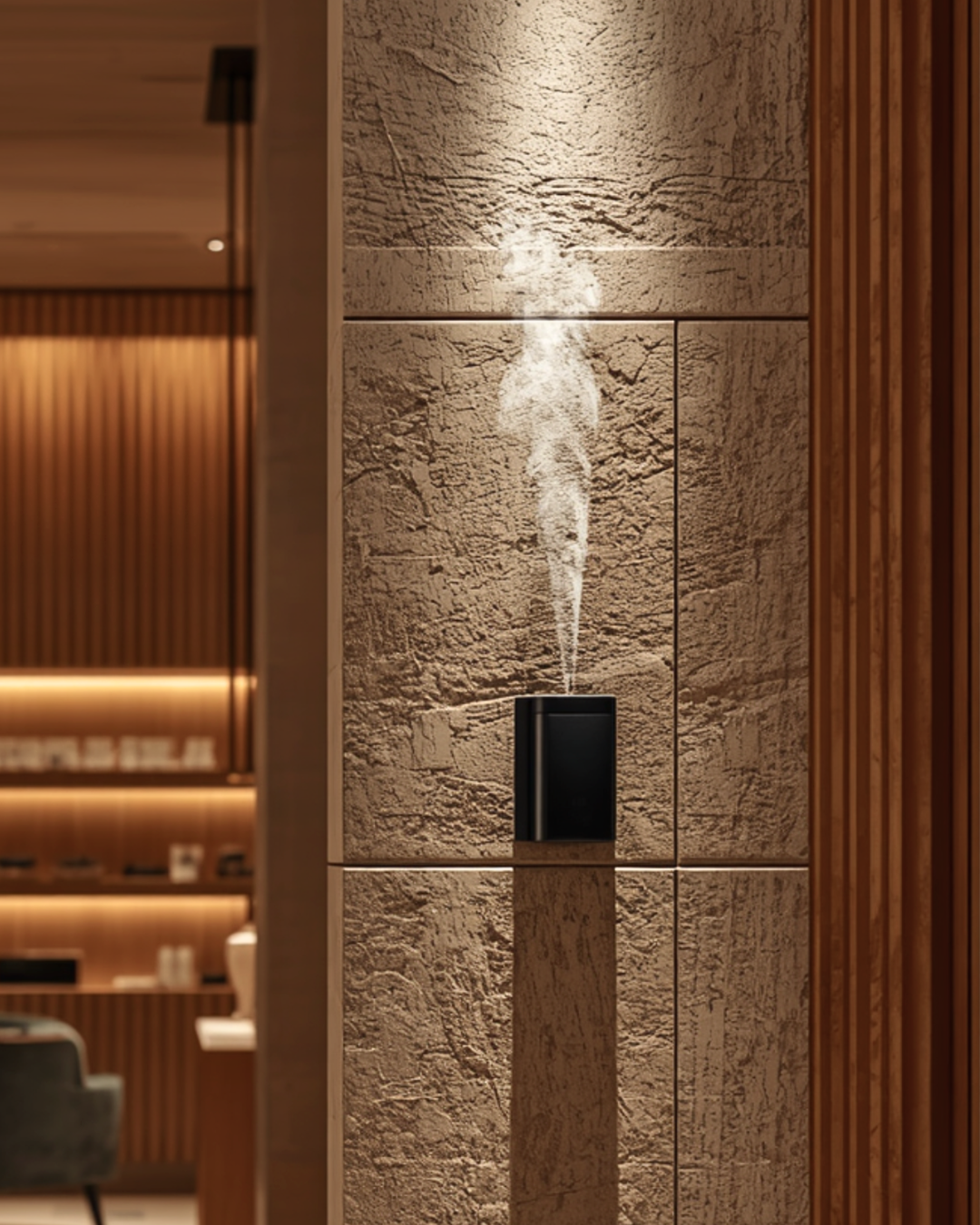 Commercial scenting services by Interiors DBK. Decorative wall feature with a wall mounted smart diffuser in a modern interior setting.