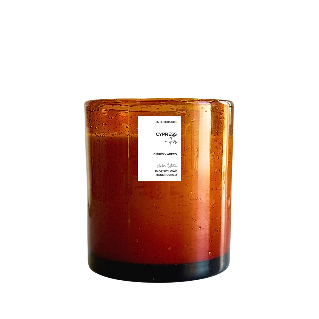 Cypress & Fir soy candle in hand-blown amber glass, eco-friendly and festive Christmas fragrance.
