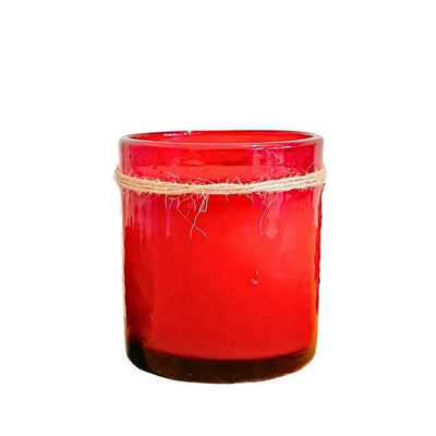 Balsam and Peppermint Holiday Candle, Handcrafted Soy Candle, Red Hand-Blown Glass, Front View