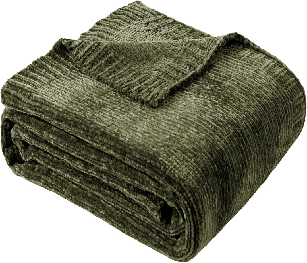 Olive green chenille knit throw blanket folded on white background