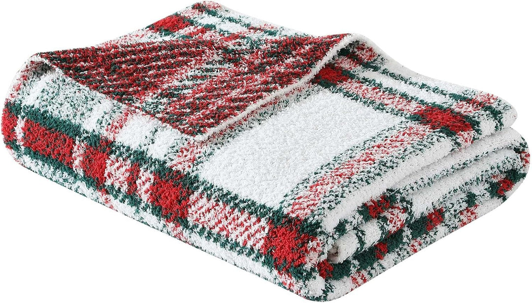 Nautica red green and white plaid throw blanket folded on white background