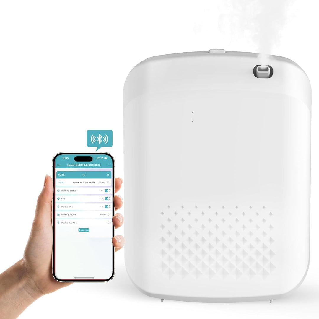 White smart scent diffuser with smartphone app controls shown beside it