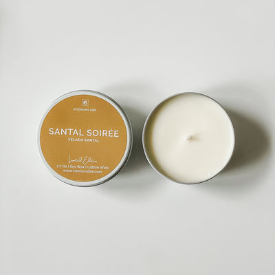 Santal Soirée Tin Candle, Handmade Soy Wax Candle, Holiday Gift Idea, Front View