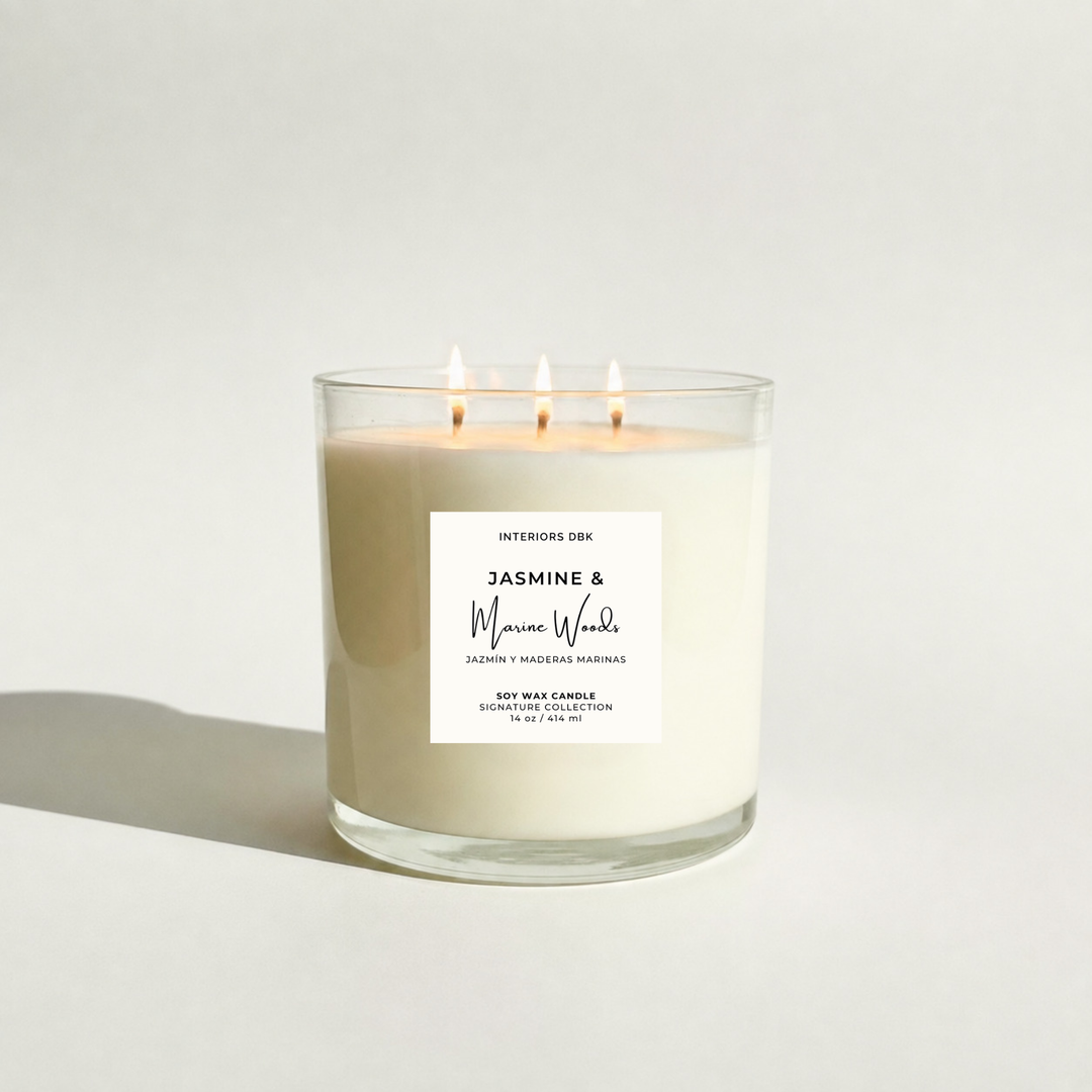 Triple wick non-toxic soy candles by Interiors DBK. Jasmine &amp; Marine Woods by Interiors DBK from the Signature Collection.