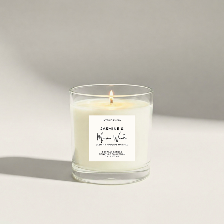 Single wick non-toxic soy candles by Interiors DBK. Jasmine &amp; Marine Woods by Interiors DBK from the Signature Collection.