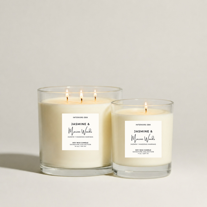 Small and large non-toxic soy candles by Interiors DBK. Jasmine &amp; Marine Woods by Interiors DBK from the Signature Collection.