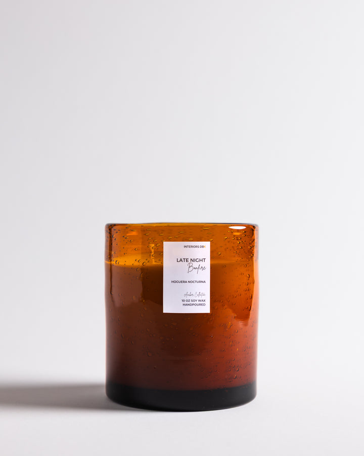 Handmade soy wax candle in amber glass, Late Night Bonfire.