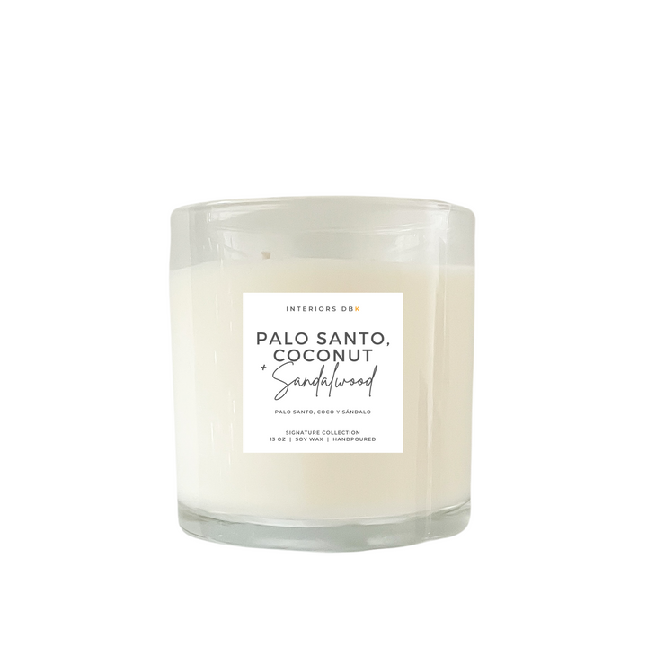 Large Palo Santo, Coconut & Sandalwood Soy Candle from our Signature Collection. Luxurious, handcrafted, non-toxic, vegan, and phthalate-free, with warm and woody scent notes.