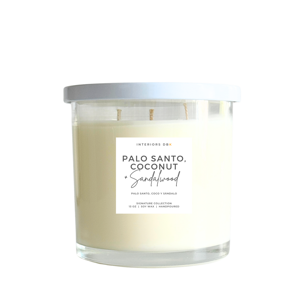 Large 3-wick Palo Santo, Coconut & Sandalwood soy candle in reusable glass. Hand-poured, non-toxic, and phthalate-free with warm woody notes