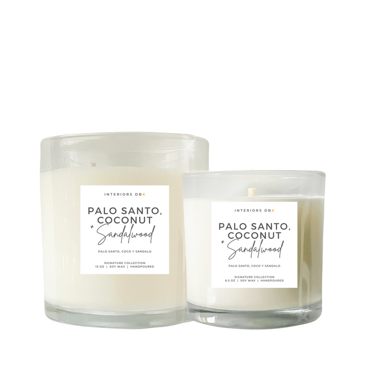 Palo Santo, Coconut & Sandalwood Soy Candle Set from our Signature Collection, featuring both large and small sizes. Handcrafted, non-toxic, vegan, and phthalate-free, with warm and woody scent notes.