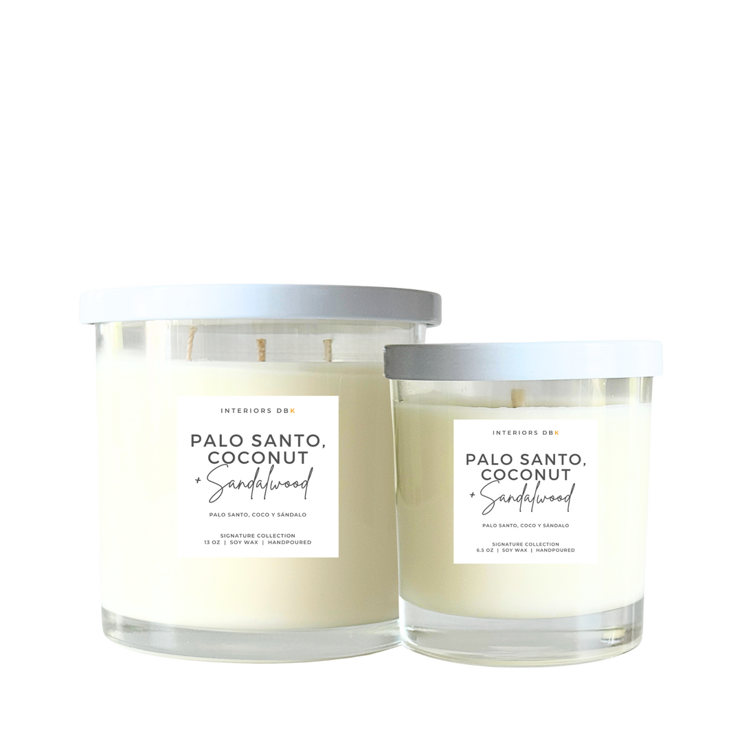 Palo Santo, Coconut & Sandalwood soy candle set in large and small sizes from the Signature Collection. Eco-friendly, handcrafted, and vegan-friendly.