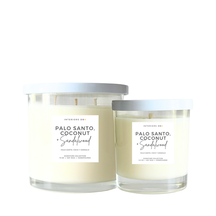Palo Santo, Coconut & Sandalwood soy candle set in large and small sizes from the Signature Collection. Eco-friendly, handcrafted, and vegan-friendly.
