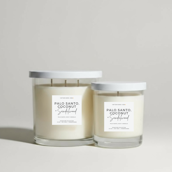 Palo Santo, Coconut & Sandalwood soy candle set in large and small sizes from the Signature Collection. Eco-friendly, handcrafted, and vegan-friendly.