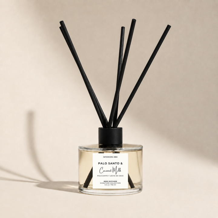 Home fragrance, Palo Santo and Coconut Milk reed diffuser 5.5 oz with black fiber reeds, flameless and non-toxic aroma by Interiors DBK.