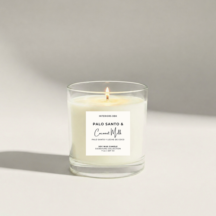 Palo Santo &amp; Coconut Milk single wick soy wax candle by Interiors DBK.