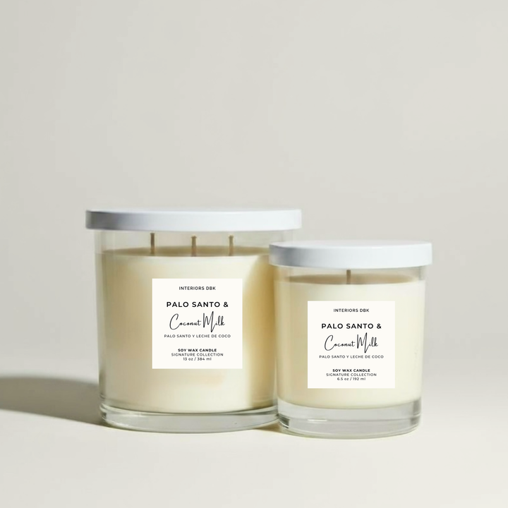 Palo Santo & Coconut Milk soy candle set by Interiors DBK featuring small and large clear glass vessels