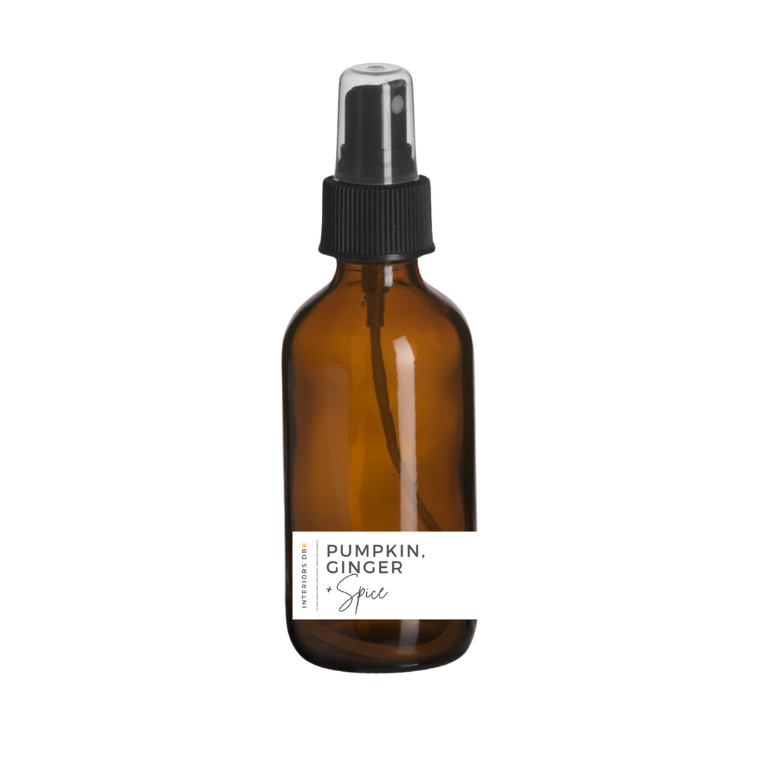 Pumpkin, Ginger & Spice room spray in a reusable amber glass bottle.