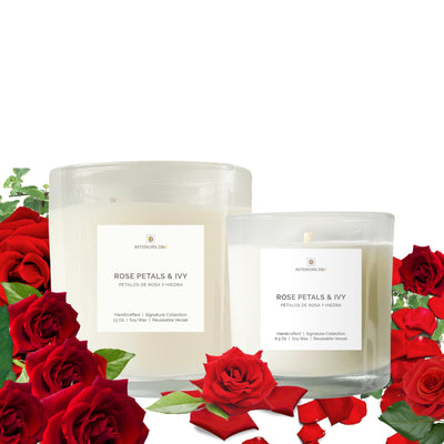 Rose petals and ivy scented candles available in large or small. Handmade by Interiors DBK with non-toxic fragrance oils, soy wax and cotton wicks. Front view with rose petals.