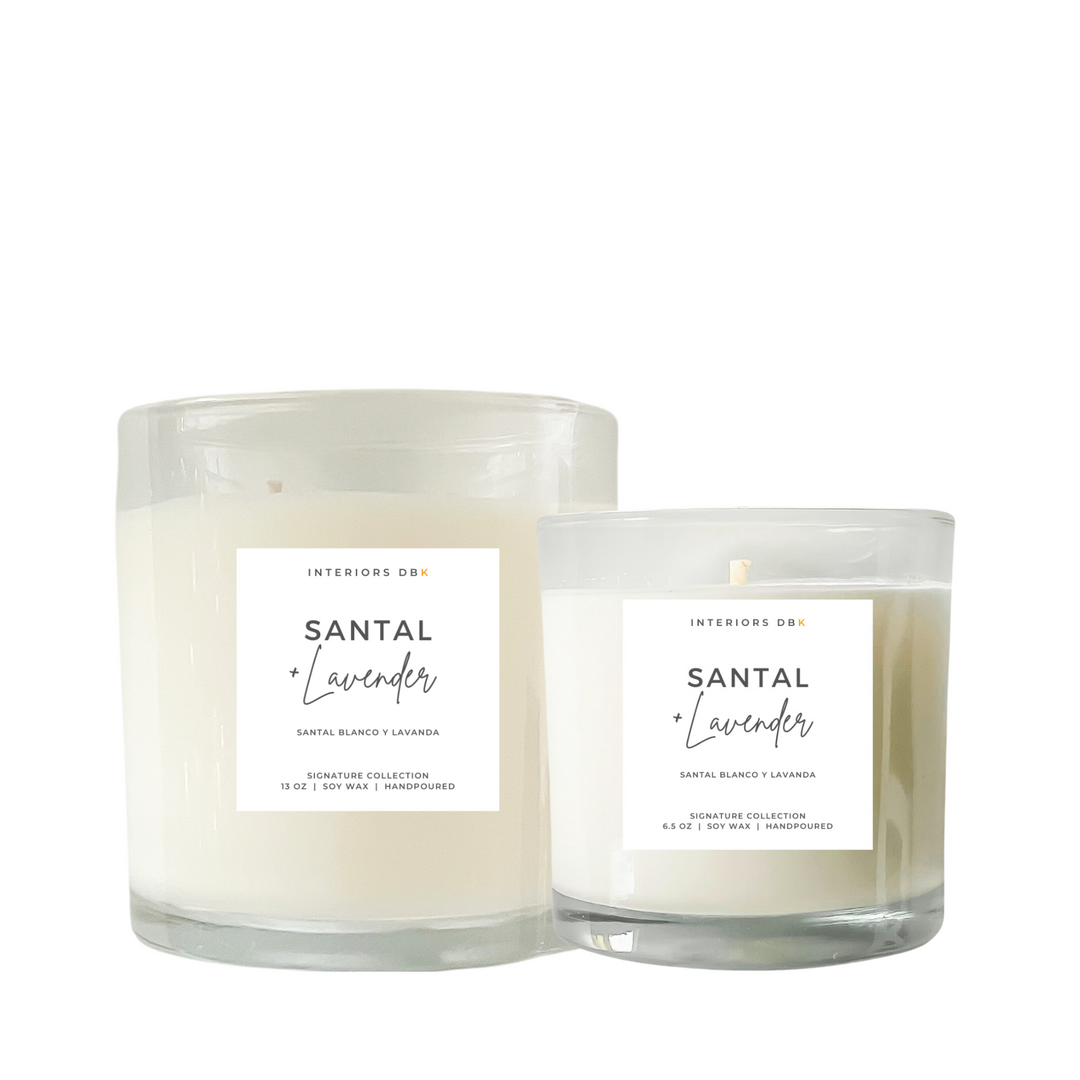 Santal & Lavender Soy Candle Set from our Signature Collection, featuring both large and small sizes. Handcrafted, non-toxic, vegan, and phthalate-free, with soothing and earthy scent notes