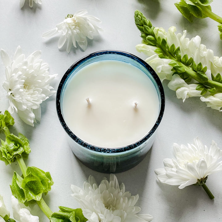 Gardenia and cedar soy candle, handmade, non-toxic, vegan-friendly top view