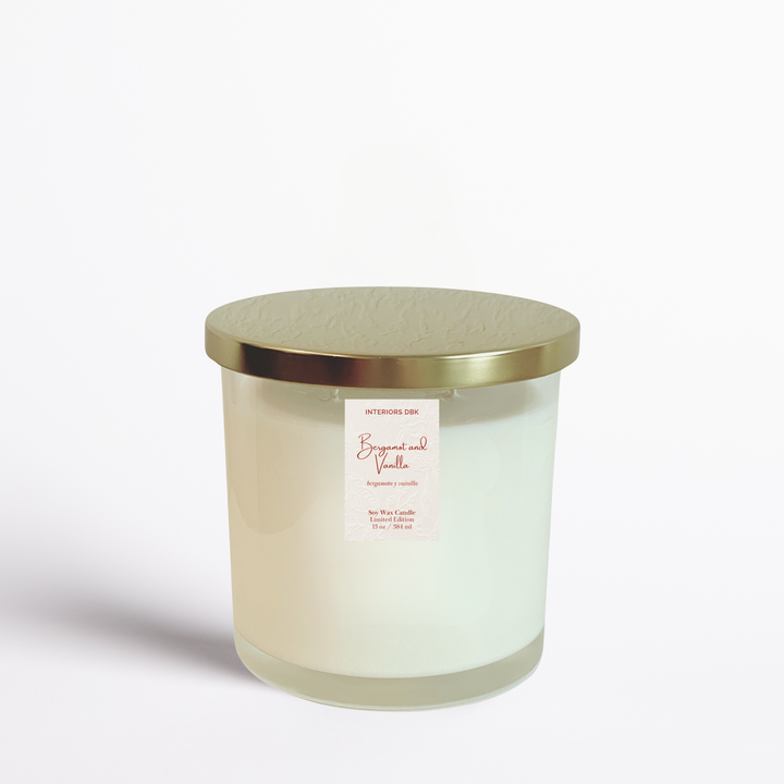 Bergamot and Vanilla Valentines Day Soy Candle. Romantic three wick candle hand poured in a clear glass reusable container with a gold metal lid.