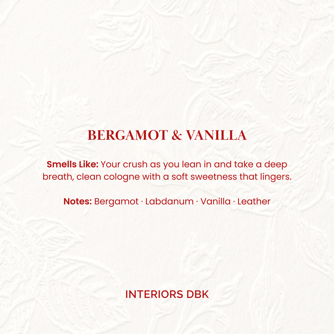 Bergamot and Vanilla Soy Candle. Smells like your crush as you lean in and take a deep breath, clean cologne with a soft sweetness that lingers. Notes: Bergamot, labdanum, vanilla, leather