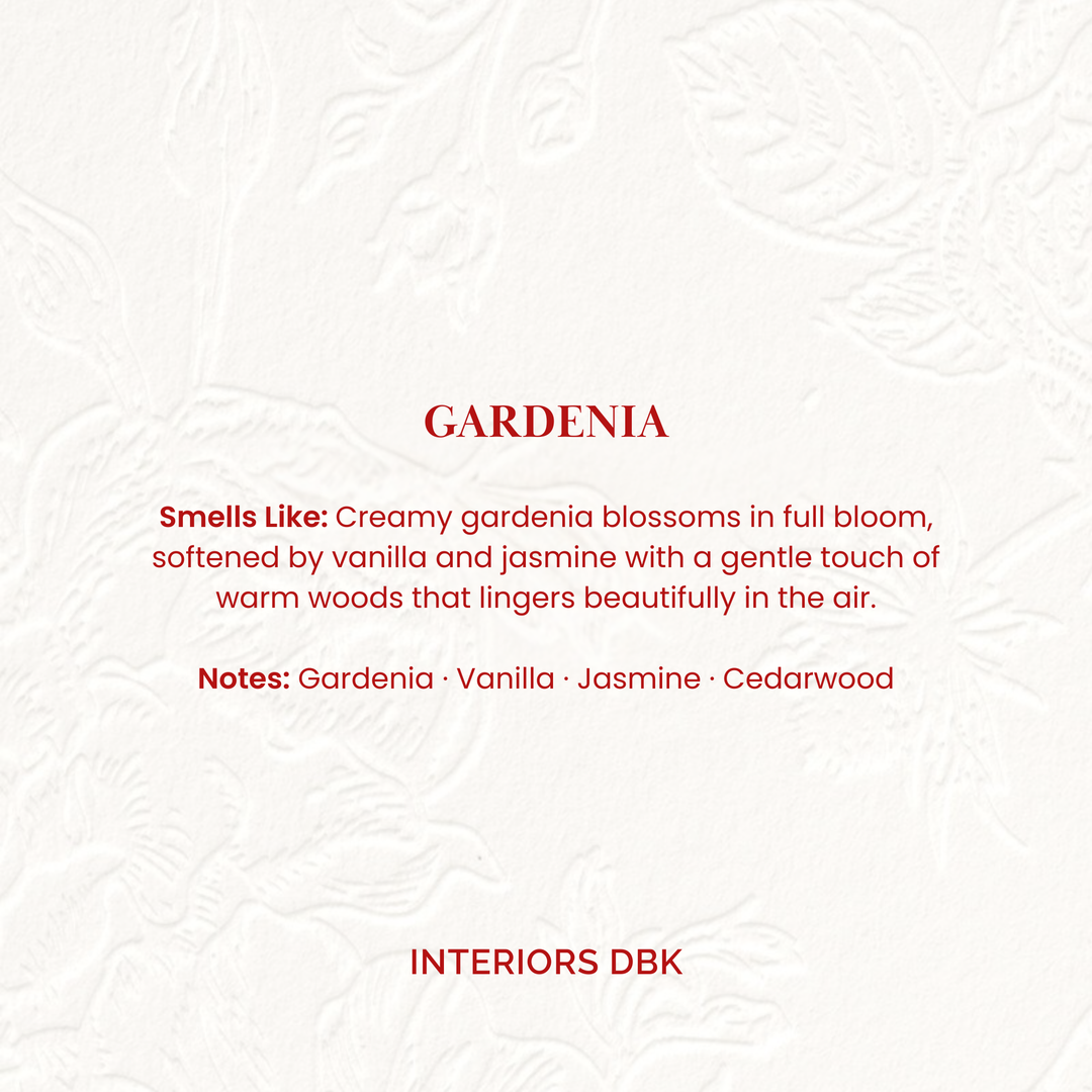 Gardenia Soy Candle. Smells like a creamy gardenia blossom in full boom, softened by vanilla and jasmine, with a gentle touch of warm woods that lingers beautifully in the air. Notes: Gardenia, Vanilla, Jasmine, Cedarwood