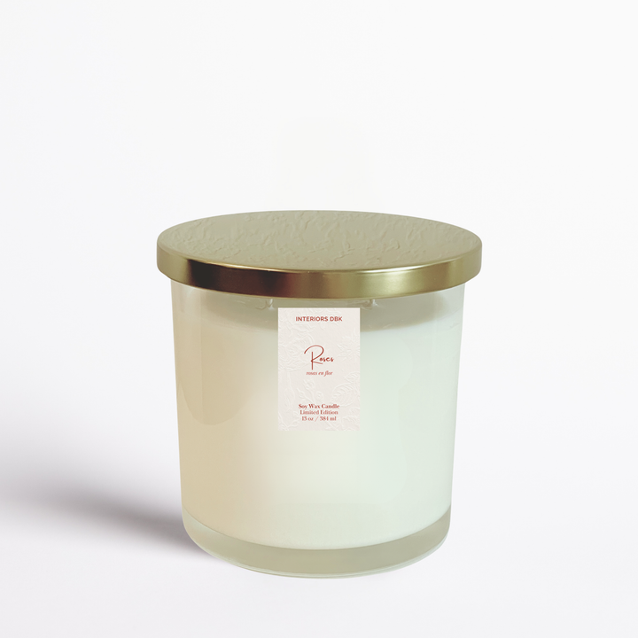 Rose Valentines Day Soy Candle. Romantic three wick candle hand poured in a clear glass reusable container with a gold metal lid.