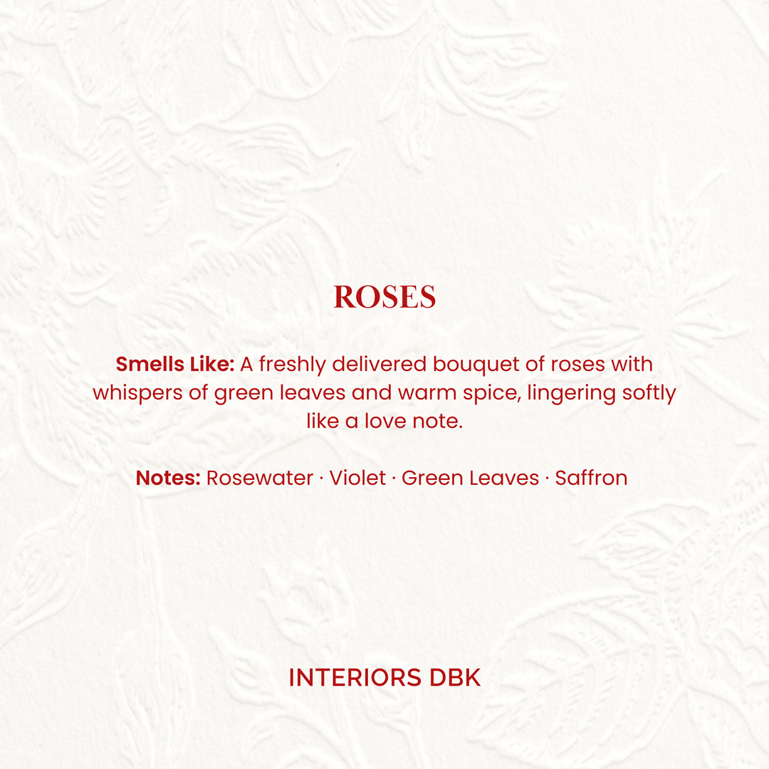 Roses Soy Candle. Smells like a freshly delivered bouquet of roses with whispers of green leaves and warm spice. Notes: Rosewater, Violet, Green Leaves, Saffron