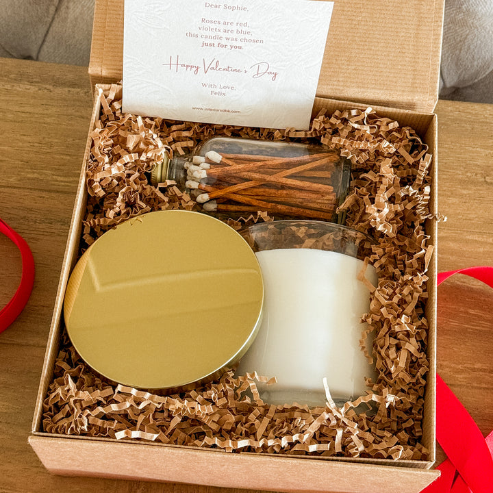 Valentine’s Day soy candle gift set with candle, matches, and love note.