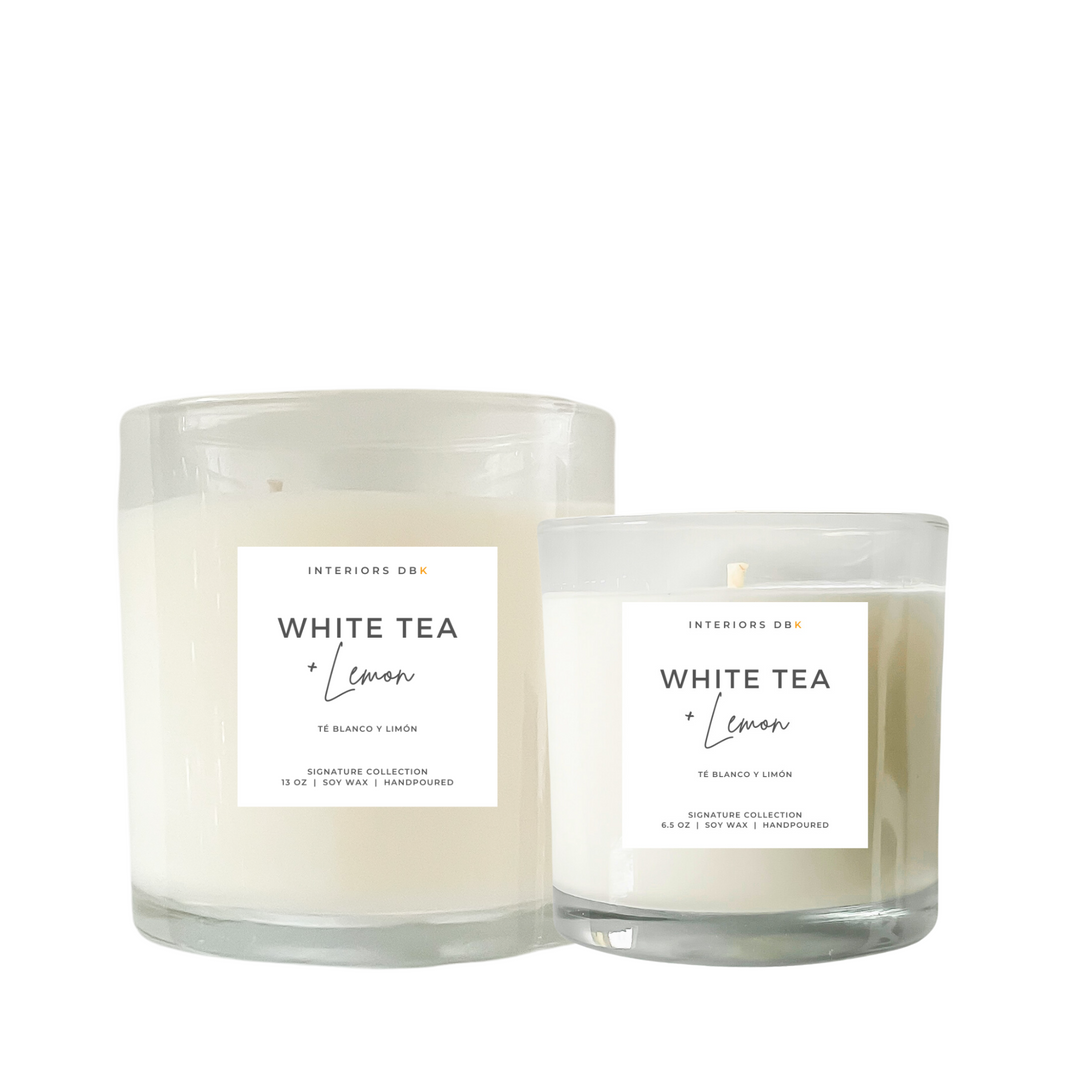 White Tea & Lemon Soy Candle Set from our Signature Collection, featuring both large and small sizes. Handcrafted, non-toxic, vegan, and phthalate-free, with fresh and citrusy scent notes.