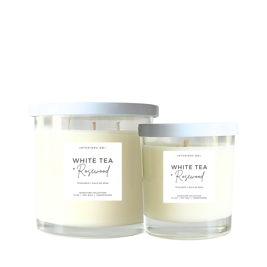 White Tea & Rosewood soy candle in reusable glass container, spa-inspired fragrance.