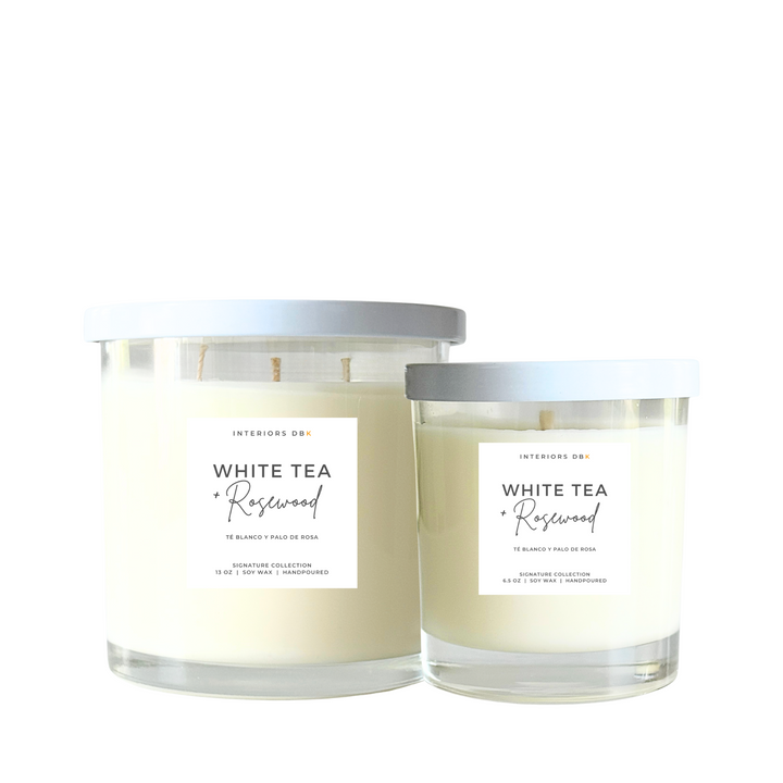 White Tea & Rosewood soy candle in reusable glass container, spa-inspired fragrance.