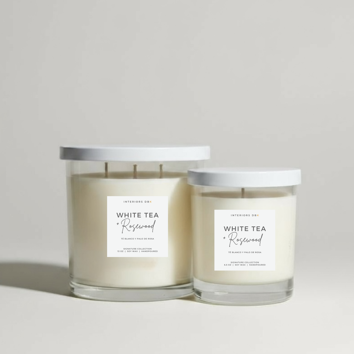 White Tea & Rosewood soy candle in reusable glass container, spa-inspired fragrance.