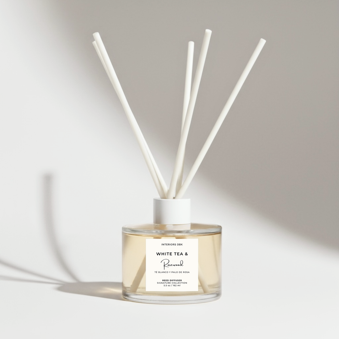 White Tea and Rosewood reed diffuser 5.5 oz with white fiber reeds, luxury spa inspired floral home fragrance by Interiors DBK.